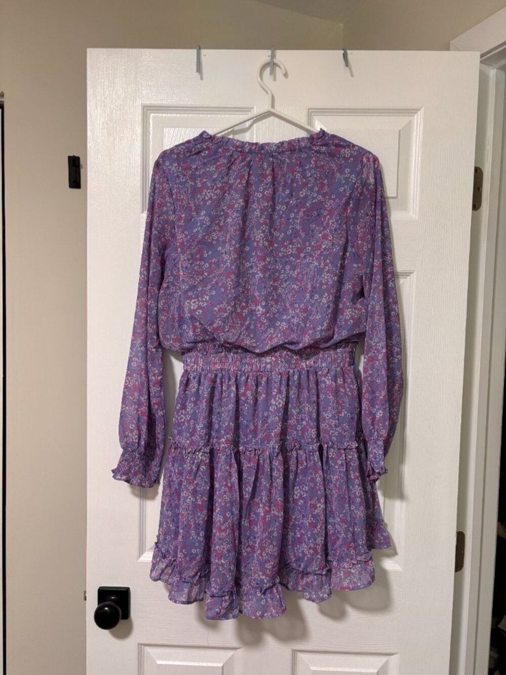Floral Long Sleeve Ruffle Mini Dress | Lavender Bohemian Dress (Large) - Picture 2 of 10